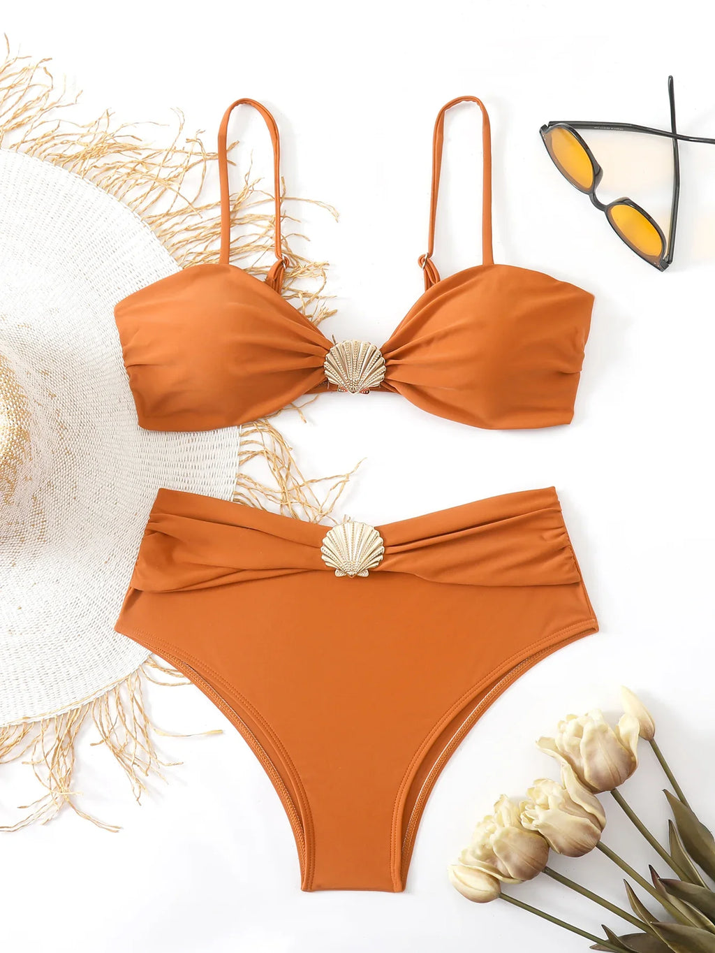 Strappy High Waist Bikinis 2026 Women Sexy Shell Swimsuit Solid Padded Swimwear Female Bathers Bathing Swimming Swim Suit