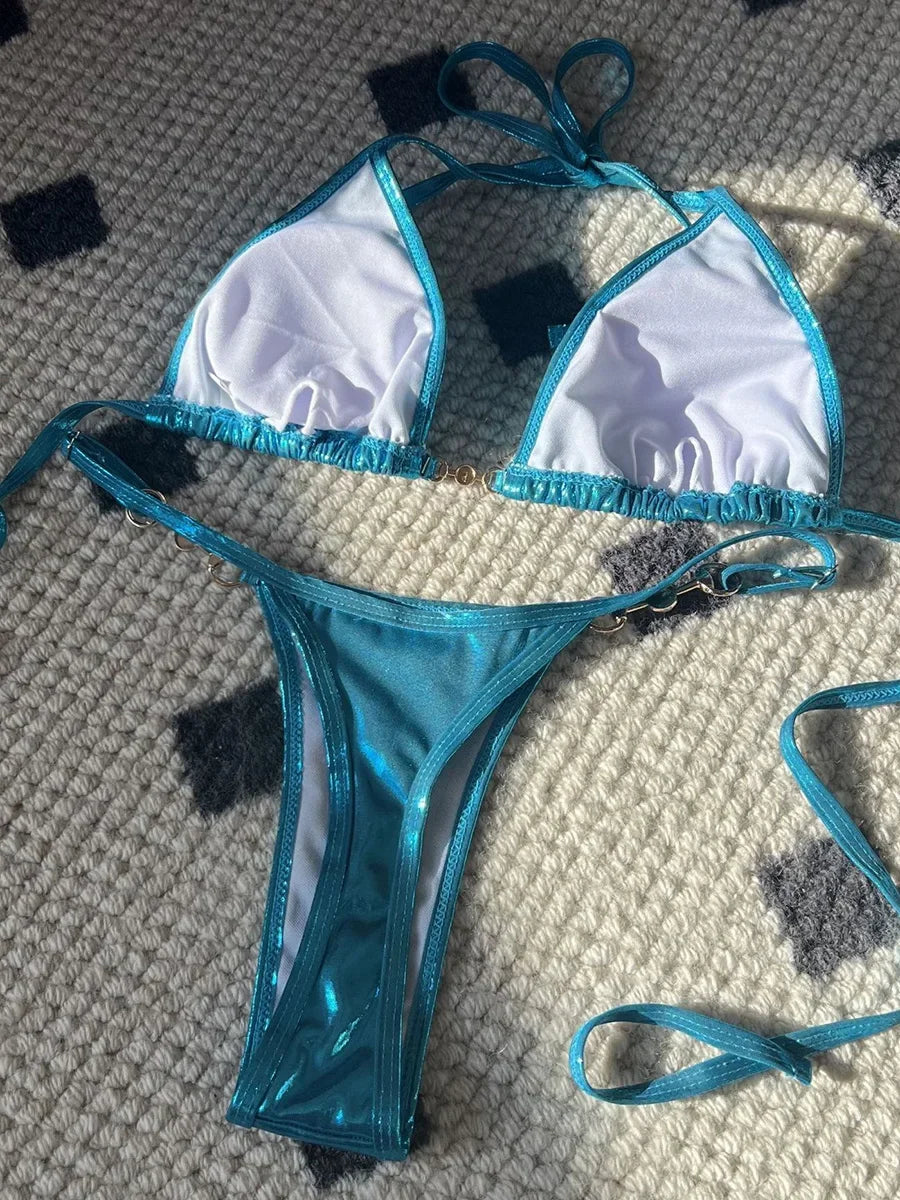 PU Leather Pearls Bikini Mini Micro Thong Bikinis Women Swimwear Female Swimsuit Two-piece Bikini Set Halter Bathing Suit Swim