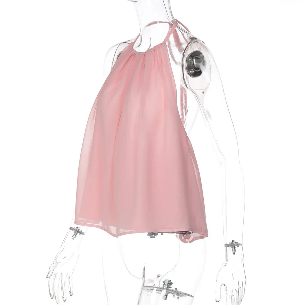 FDYOUI Women's Halter Off Shoulder Camisoles 2026 Summer Sexy Lace-up Backless Pink Tank Top Girls Loose Solid Tops Streetwear