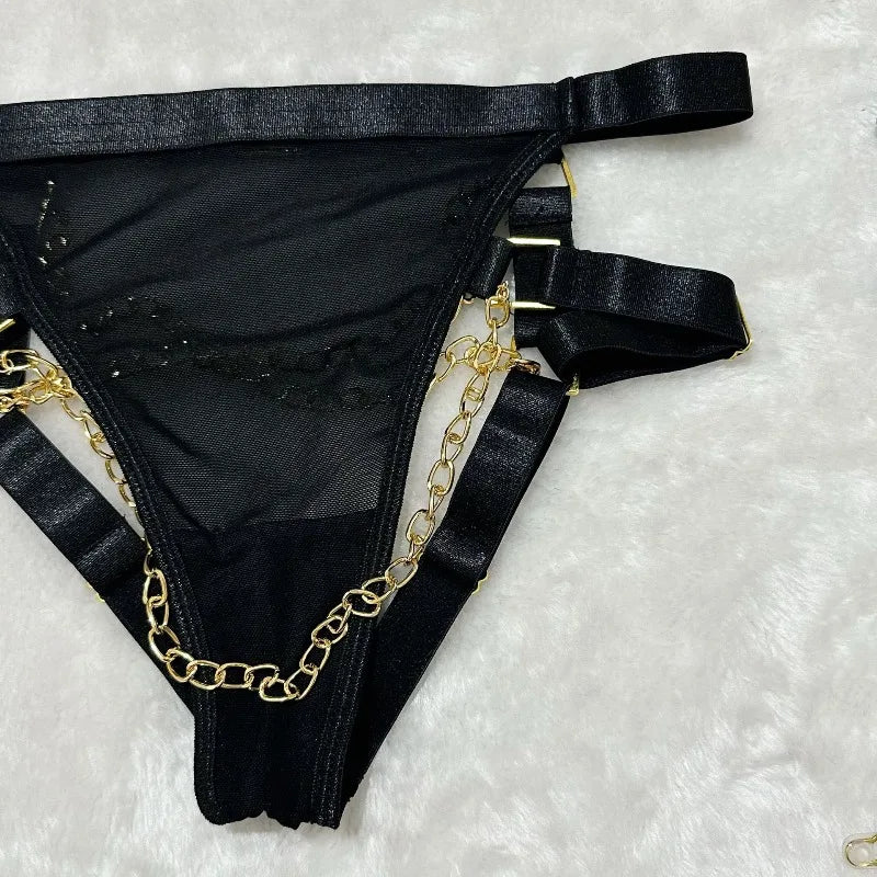 Toucheart Erotic Underwear Mesh See-through Patchwork Metal Chain Hot Girls Sexy Seductive Coquette Nightclub Party Dance Suit