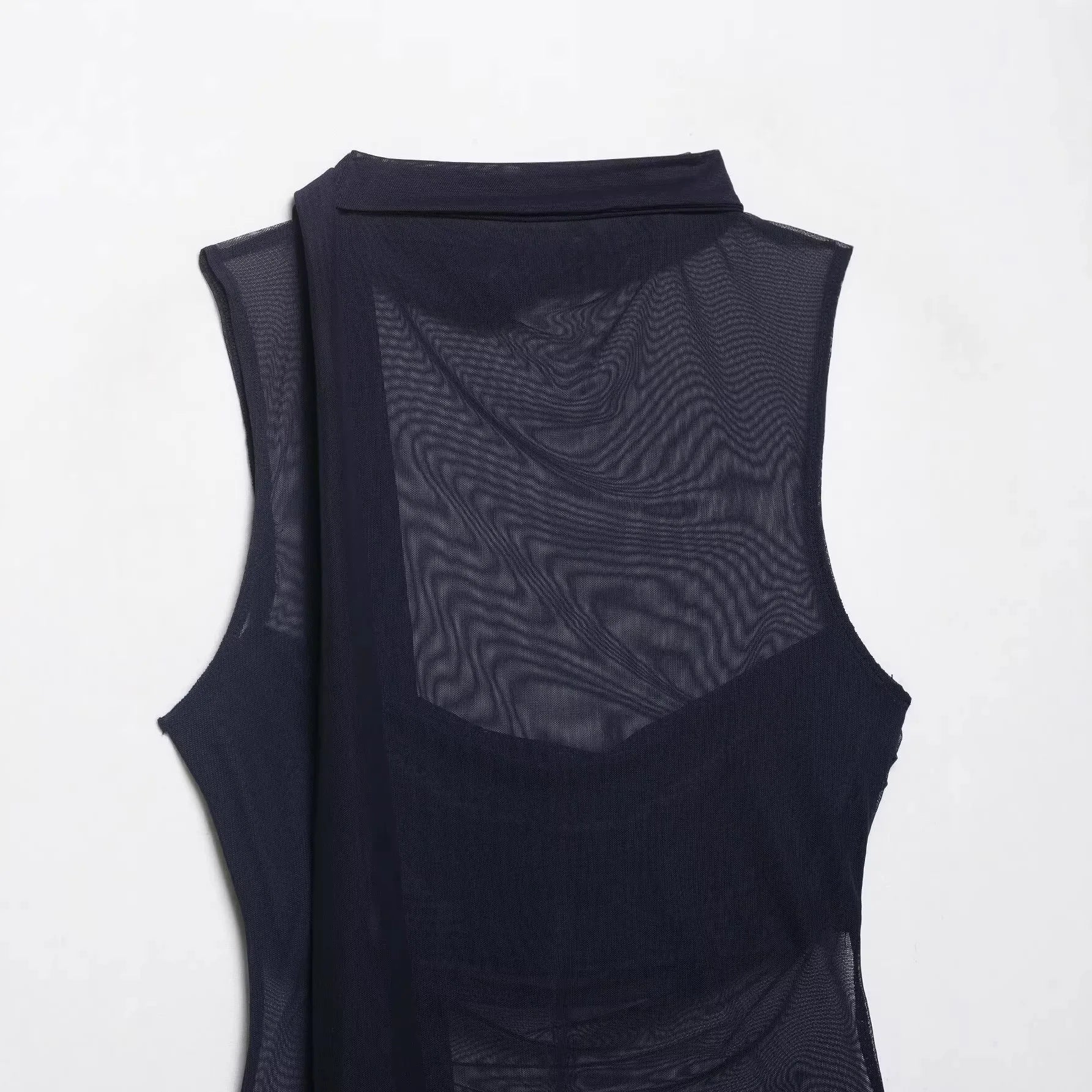 Women's Silk Mesh Scarf Top Women Dark Gray Mesh Halter Neck Sleeveless Top Ruched Front Tie Detail Sheer Casual For Party AFIA
