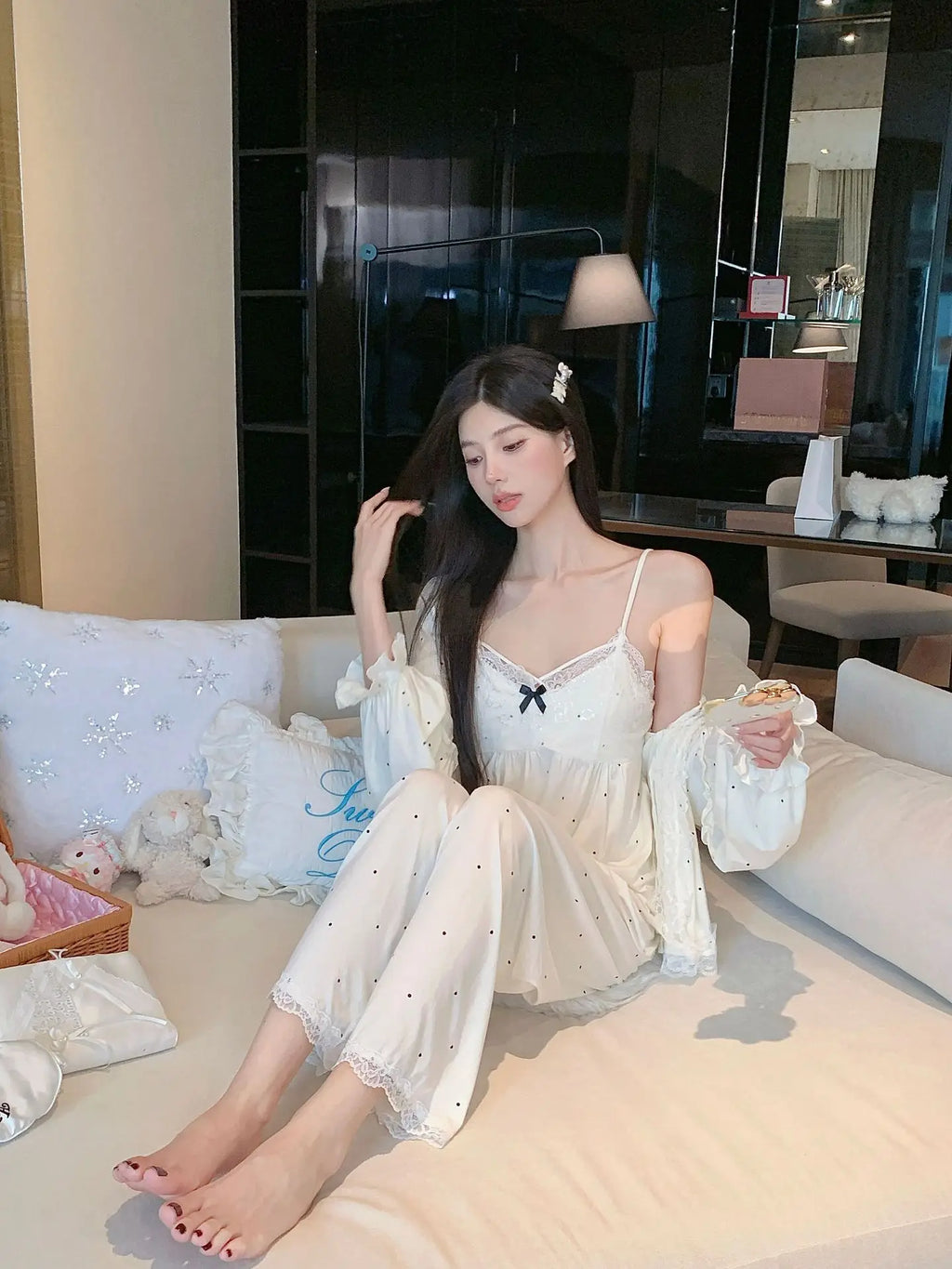 Women's spring and summer modal pajamas, comfortable three-piece home wear set with chest pad