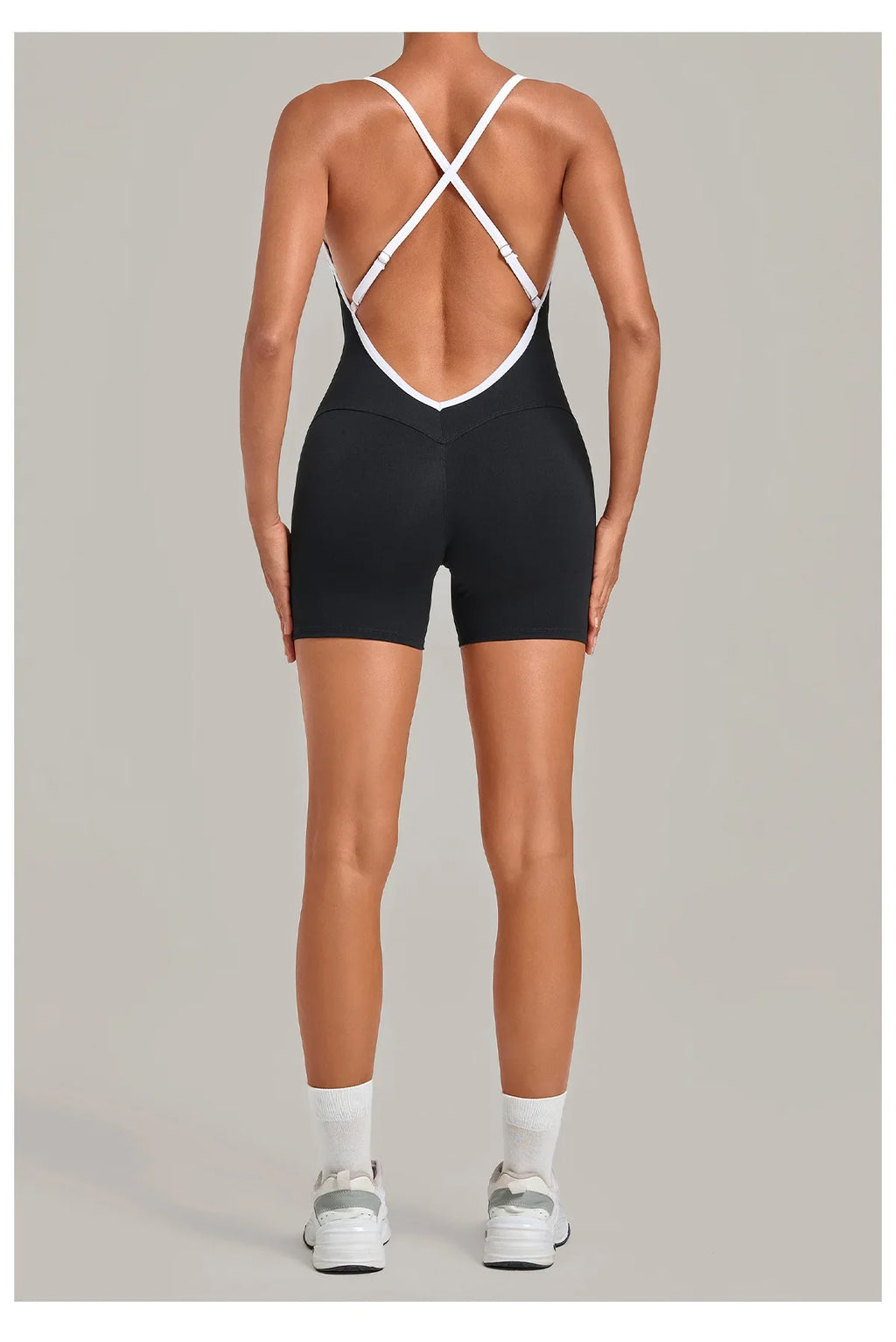 New Tight One-piece Yoga Suit Women Color Contrast Splicing Hollow Back Cross Sports Jumpsuit Outwear Slimming Fitness Bodysuits