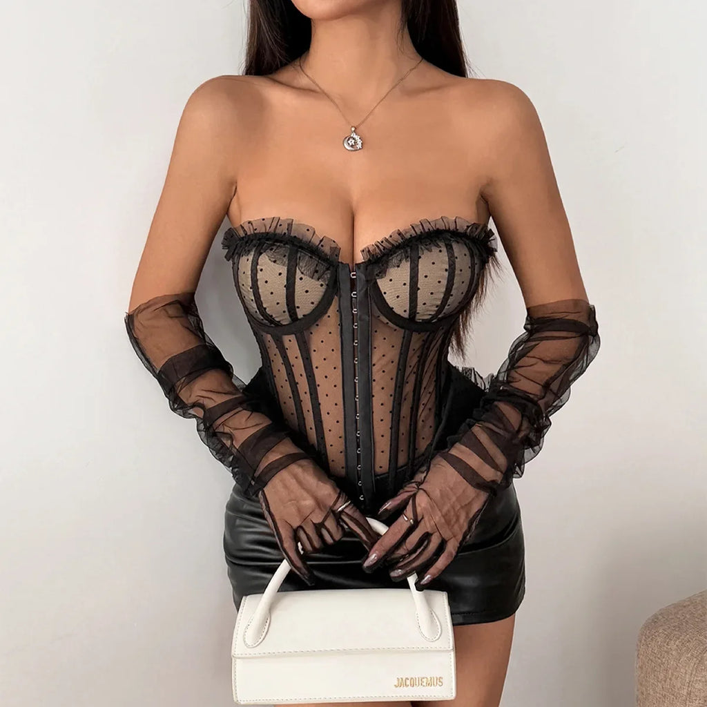 Women Corset Vest Sexy See Through Dot Print Lace Trim Club Wear Fishbone Tank Top Strapless Buckle Tie Rope Perspective Tops