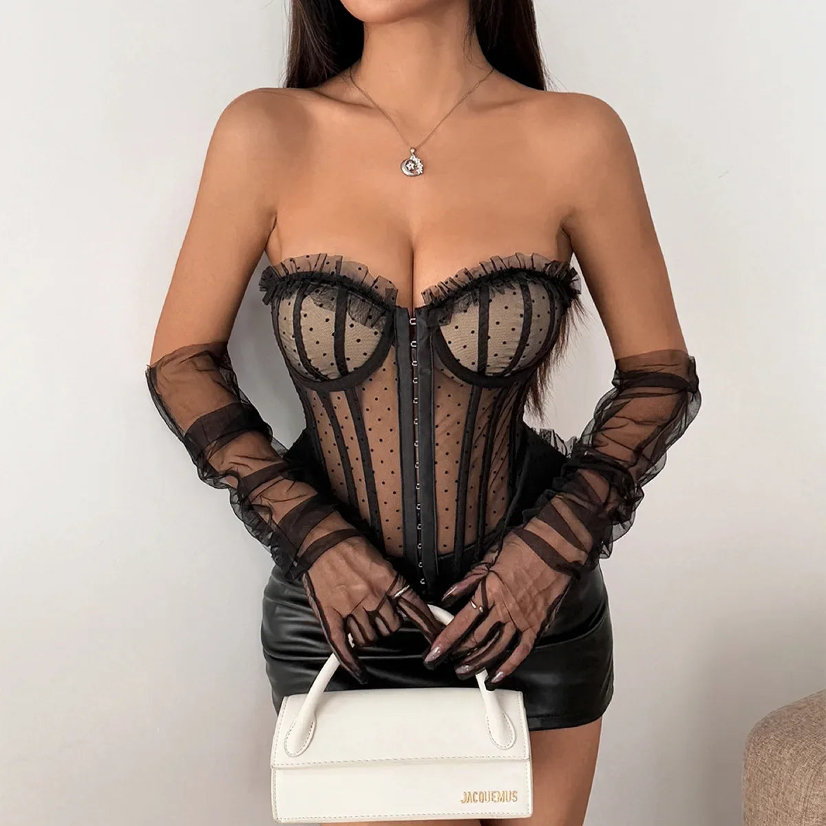 Women Corset Vest Sexy See Through Dot Print Lace Trim Club Wear Fishbone Tank Top Strapless Buckle Tie Rope Perspective Tops