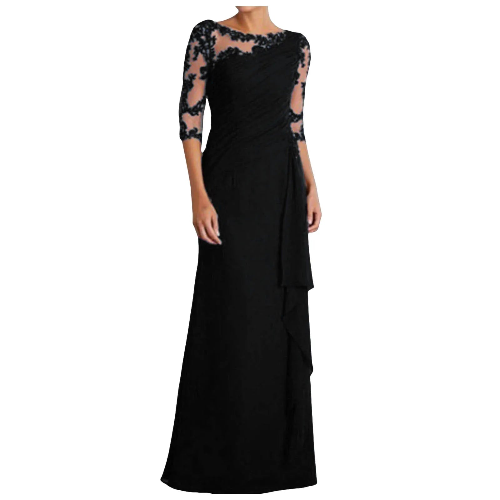 Women Elegant Lace Long Dress Sexy See Through Round Neck Mid Sleeve Dress Solid Color Evening Party Prom Dress Cocktail Gown
