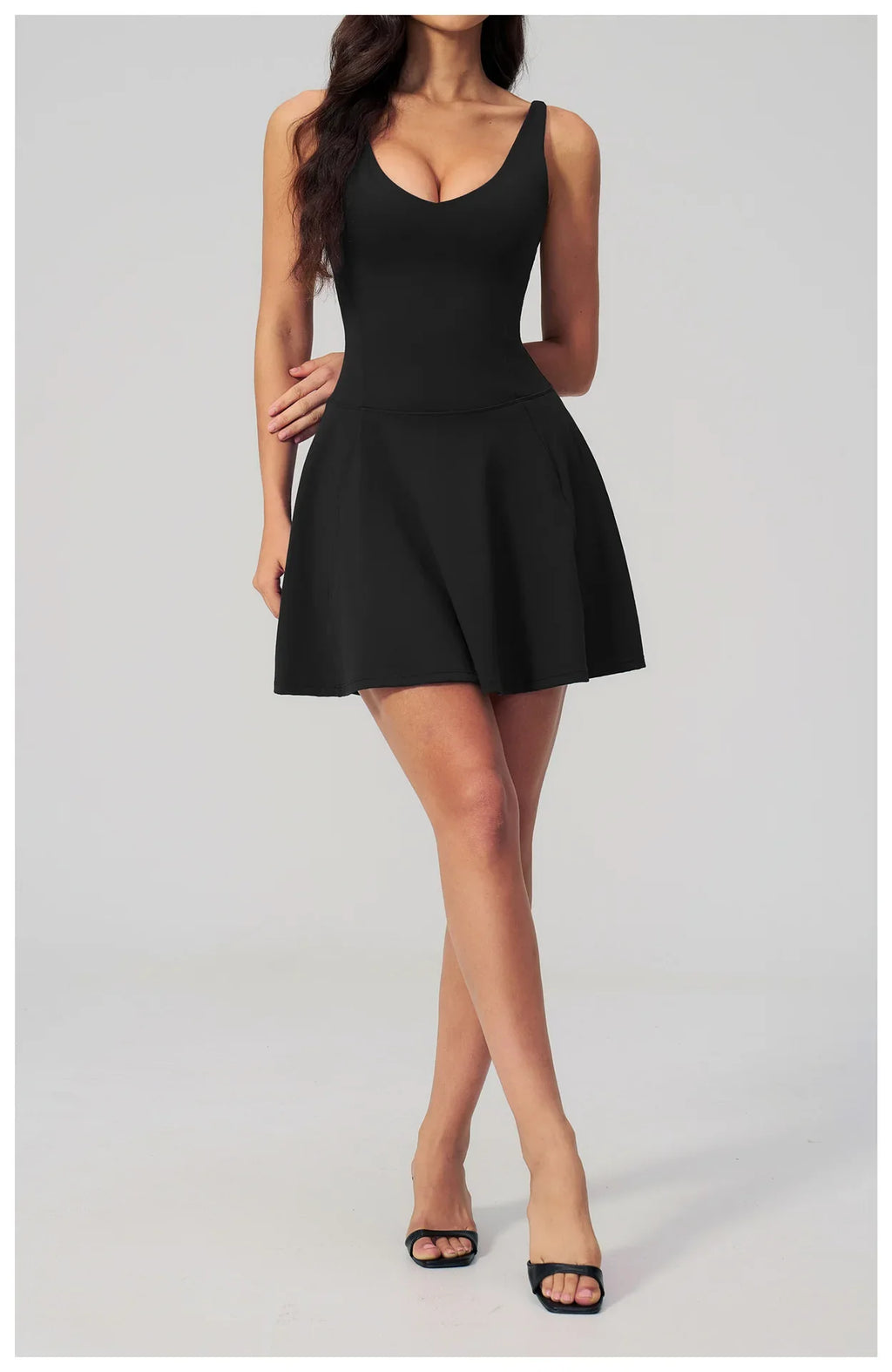 Bodycon Tennis Dress with Shorts Pocket Women Speed Dry Sleeveless V Neck One Piece Sport Outfit Short Dress Fitness Yoga Set
