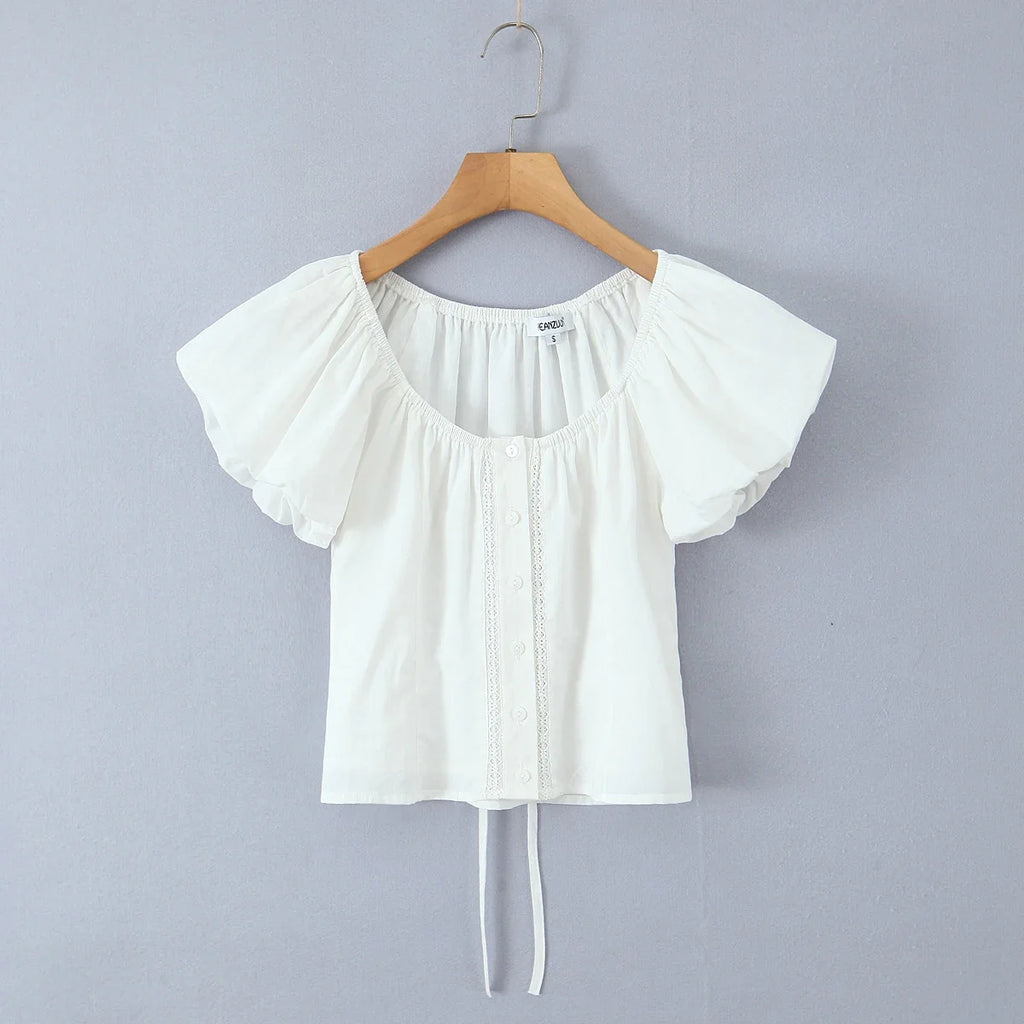 Foridol White Cotton Women Summer Crop Tops Lace Patchwork Short Female Tops Puff Sleeve Square Collar Slim Top Blouse 2025