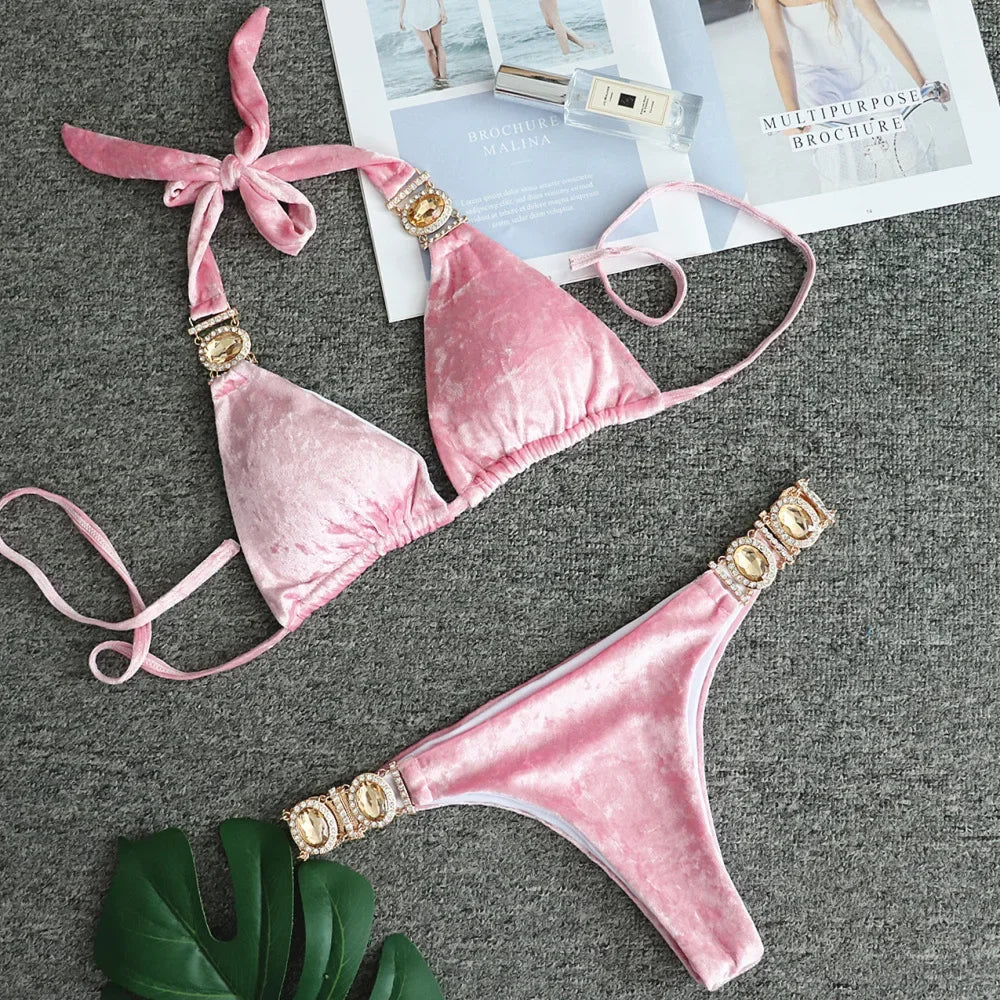 Luxury Rhinestone Bikini Women 2025 Sexy Orange Yellow Crystal Diamond Push Up Thong Swimsuit Beach Bathing Suit Tanga Swimwear