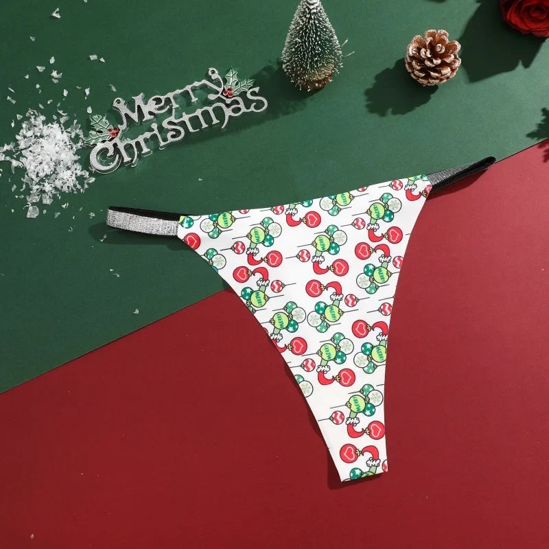 4Pcs Christmas Print Underwear Breathable Shiny Belt Thong Women Skin-friendly Fashionable Casual Christmas Gifts