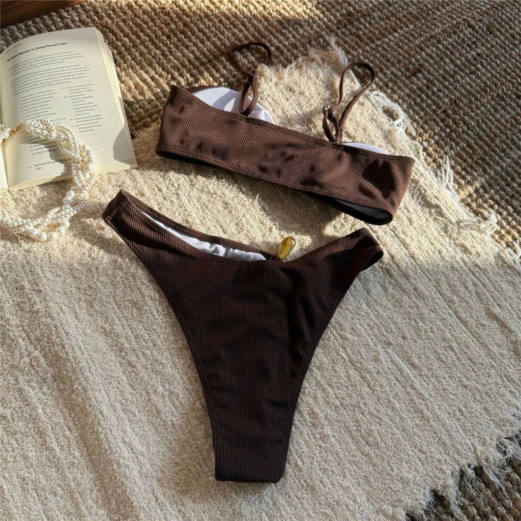 New Sexy Ribbed Brazilian Bikini Padded Bathing Suit Bather Swim Female Swimsuit Two-Pieces Bikini Set Women Swimwear V6343R