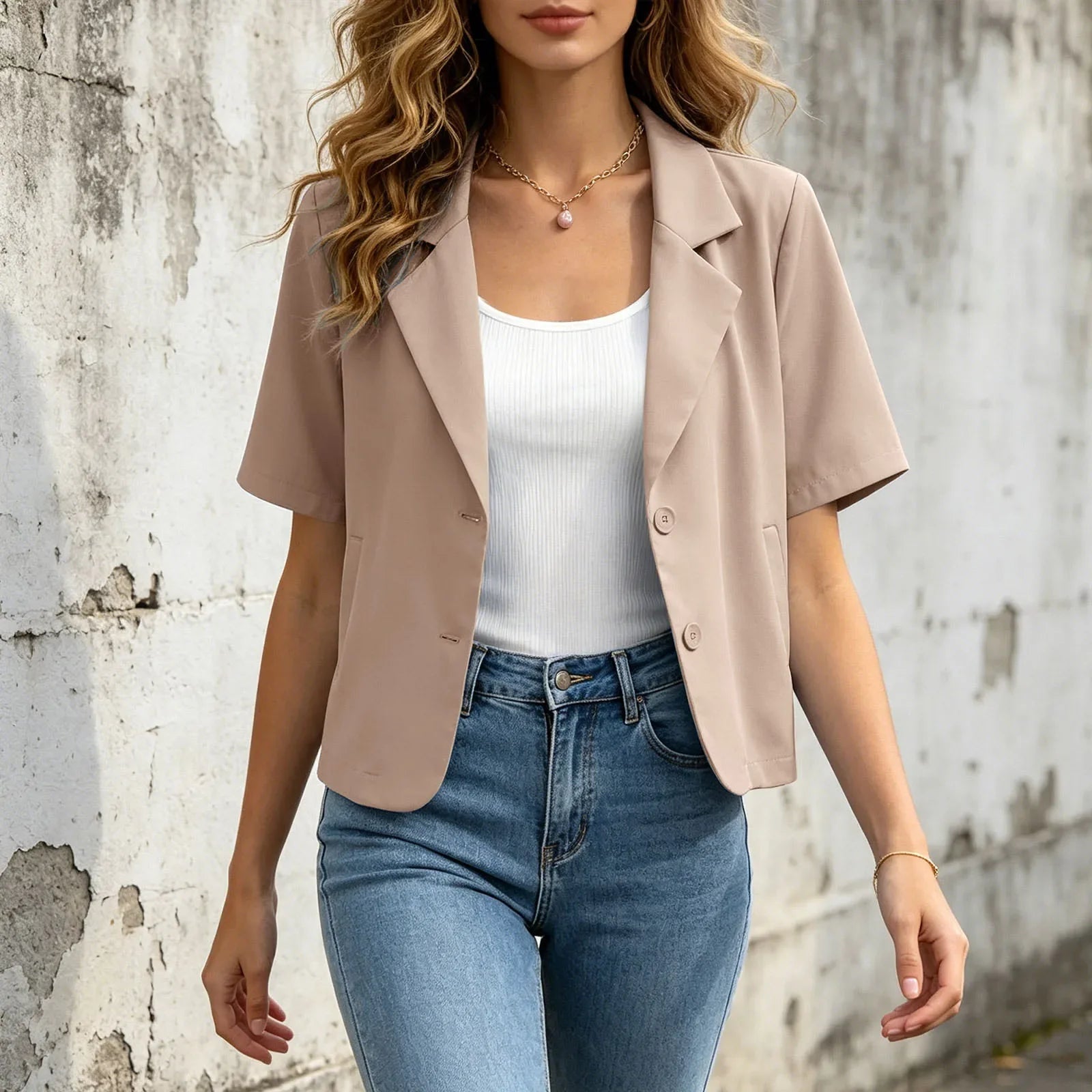 Women Cropped Short Sleeve Blazer Jacket Lapel Collar Buttons Loose Solid Suit Coat Summer Casual Office Outerwear With Pocket