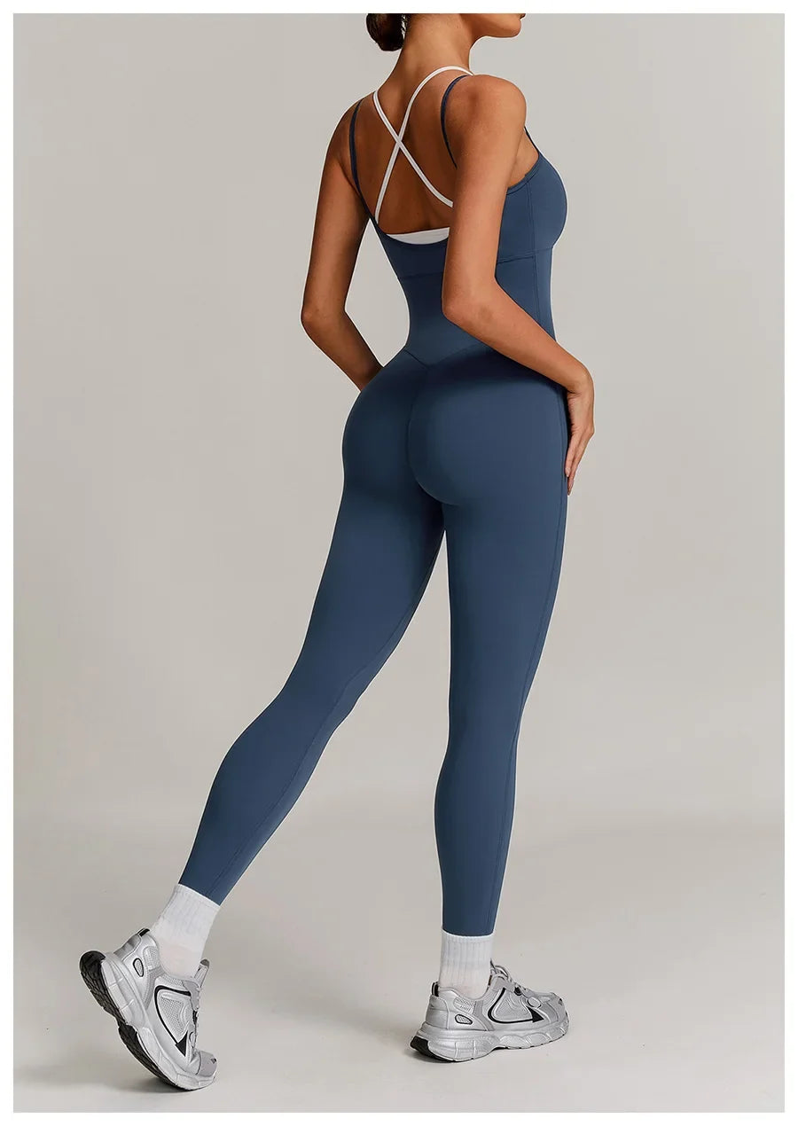 Yoga Jumpsuit Fake two color contrast halter sport jumps Women Push Up Gym Fitness Overalls Sport Outfit Sportswear Clothes 8843