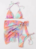 Women Tie Dye Print Micro Mini String Bikini Sets Three Pieces with Mesh Bow Tie Skirt Swimsuit Bathing Suit Beach Outfits