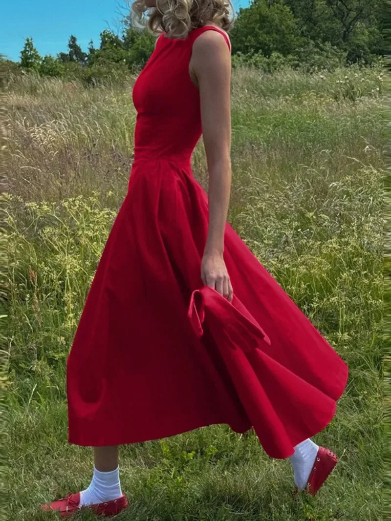 Chic Elegant O-neck Sleeveless Backless A-line Long Dresses Red Black 2026 Summer High Waist Tunics Zip-up Party Evening Dress