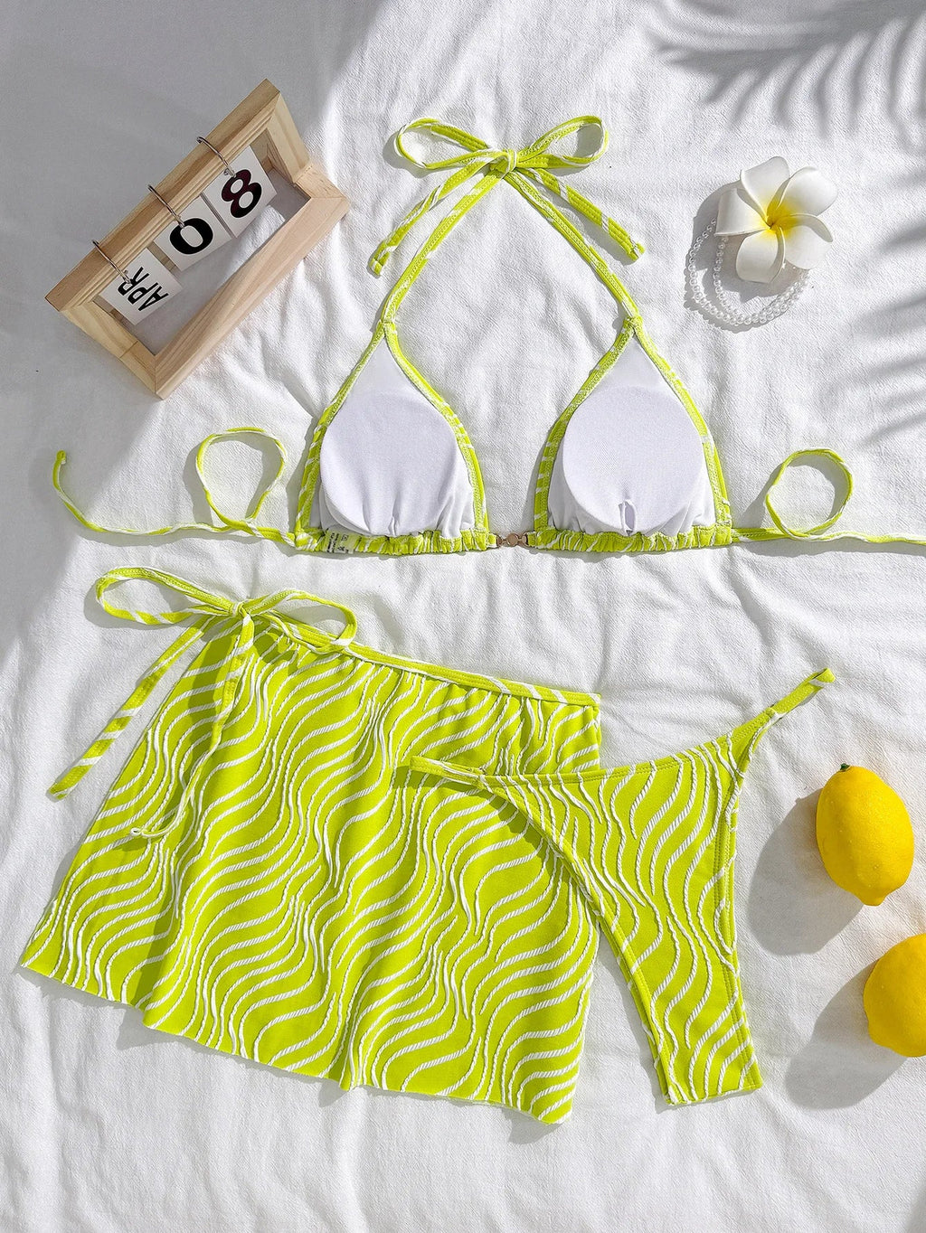 sexy wave halter tie bikinis sets 3pcs with tie mini skirt thong swimsuits swimwear bathing suit beach outfits biquini tankini