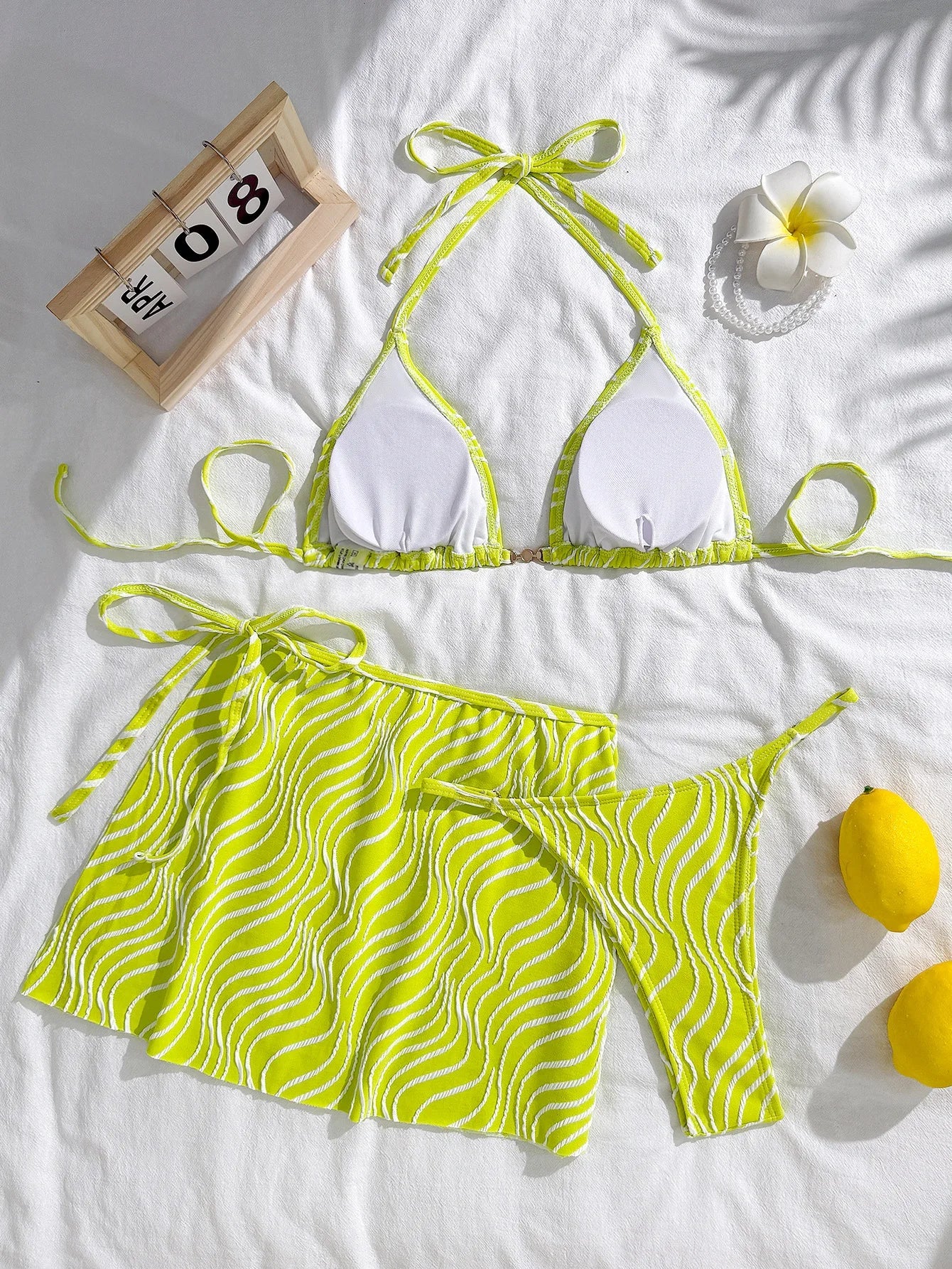 sexy wave halter tie bikinis sets 3pcs with tie mini skirt thong swimsuits swimwear bathing suit beach outfits biquini tankini