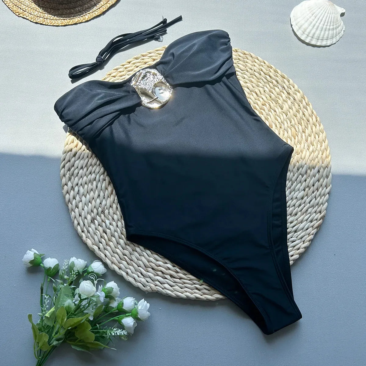 2026 Sexy Metal Buckle Women Bandeau Swimwear One Piece Swimsuit Female Monokini Bather High Leg Cut Bathing Suit Swim Beachwear