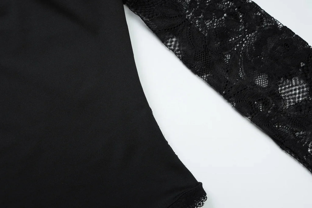 FDYOUI 2026 New Lace Patchwork Long Sleeve T-shirts for Women Square Collar See-through Slim Crop Tops White Black Tee Shirt
