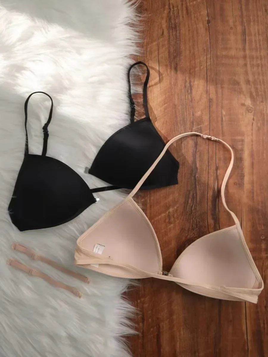 MOYISU French Style Triangle Bra Thin Strap Halter Neck Invisible Front Fastening Elegant Wireless Bralette Sophisticated AB Cup