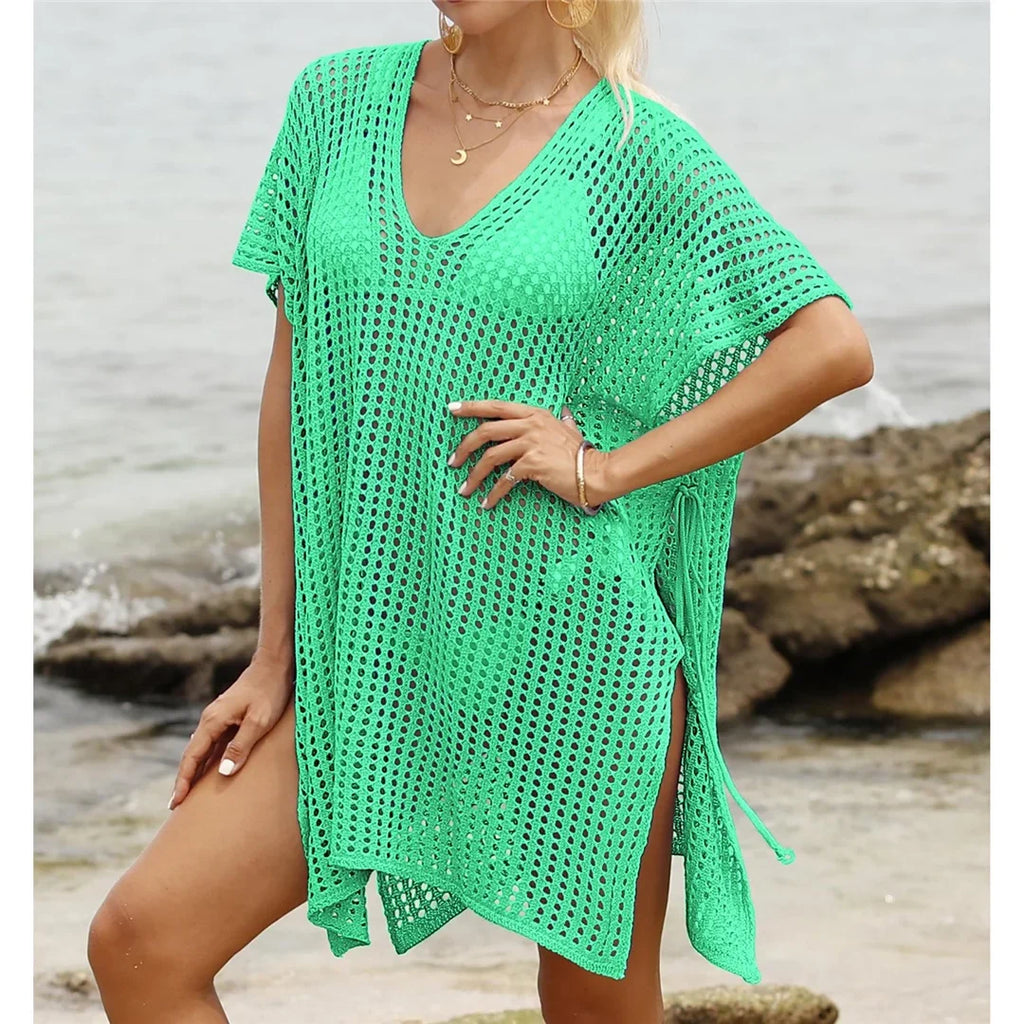 Short Sleeve V Neck Hollow Out Crochet Knitted Tunic Beach Dress Beach Wear Beachwear Beach Cover Up Cover-upsFemale Women V8061