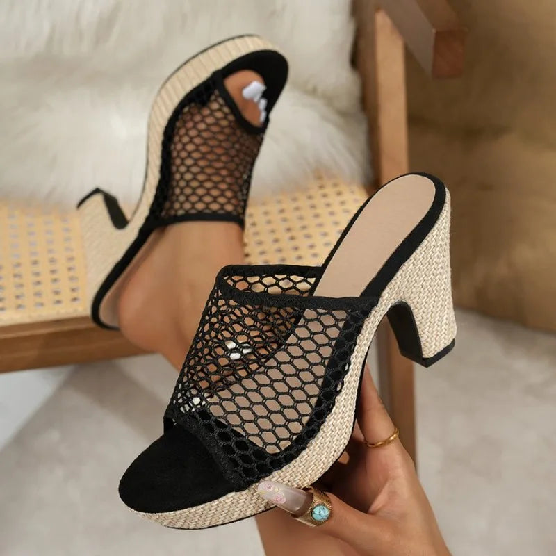 2026 Summer New Woven Platform Women Sandals Hollow Open Toe Height Increasing Roman Shoes for Women Casual High Heels Slippers