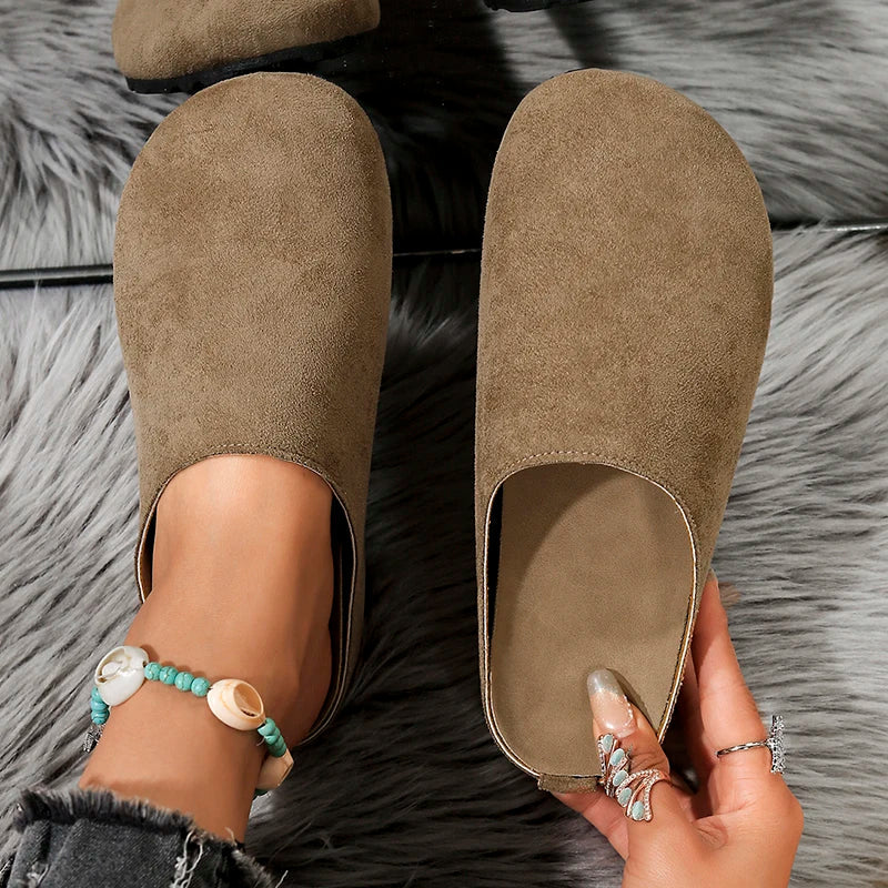 Spring Round Toe Cork Clogs Slippers for Women Outdoor Cork Footbed Flat Heels Mules Shoes Woman Plus Size Suede Slides Female