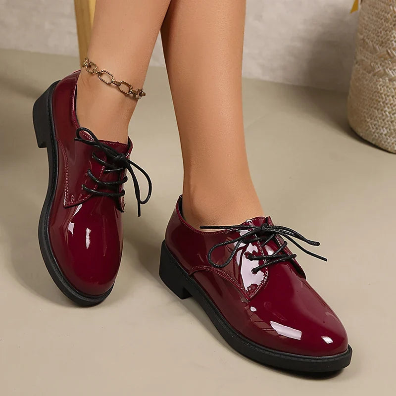 Pink Patent Leather Oxford Shoes Women Fashion Lace Up Pointed Toe Med Heel Pumps Woman Plus Size 43 Thick Heels Office Shoes