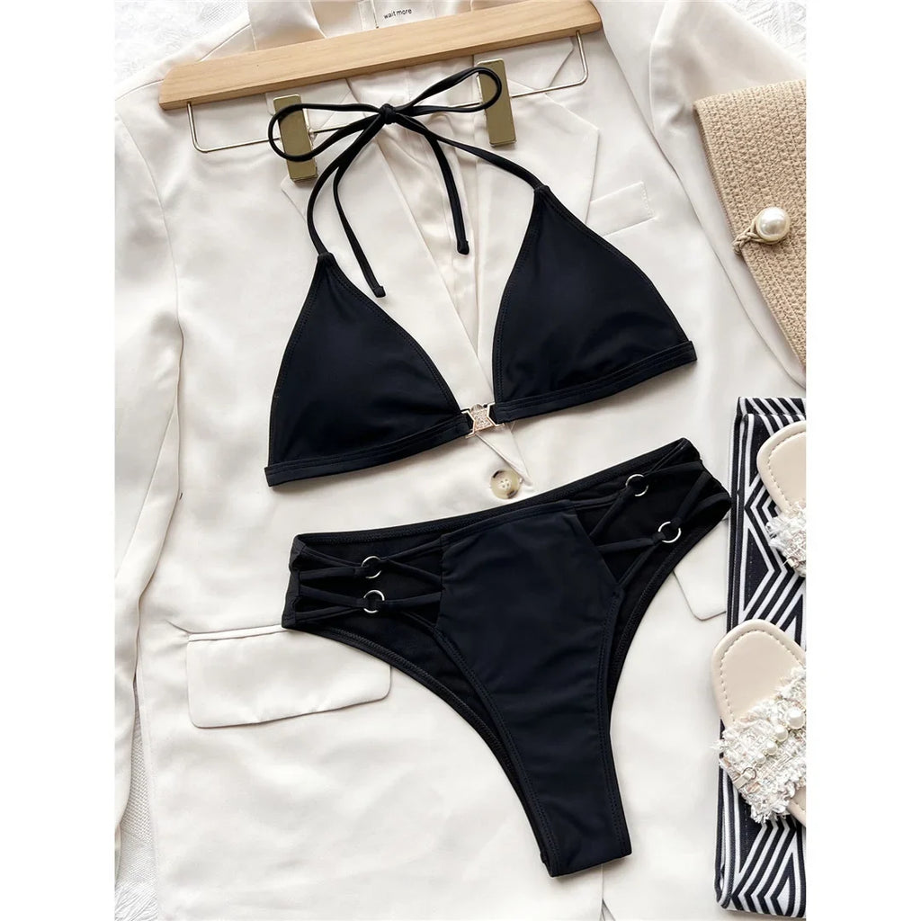 Sexy Halter Strappy Mid Waist Bikini Female Swimsuit Women Swimwear Two-pieces Bikini set Padded Bather Bathing Suit Swim V3635