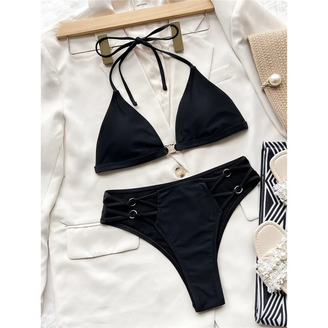 Sexy Halter Strappy Mid Waist Bikini Female Swimsuit Women Swimwear Two-pieces Bikini set Padded Bather Bathing Suit Swim V3635