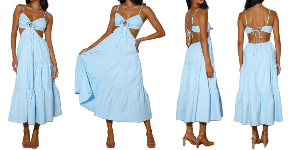 Spaghetti Strap Vacation Long Dress For Women Summer 2025 Fashion Elegant Sleeveless Backless Hollow Out Vestidos Party Dresses