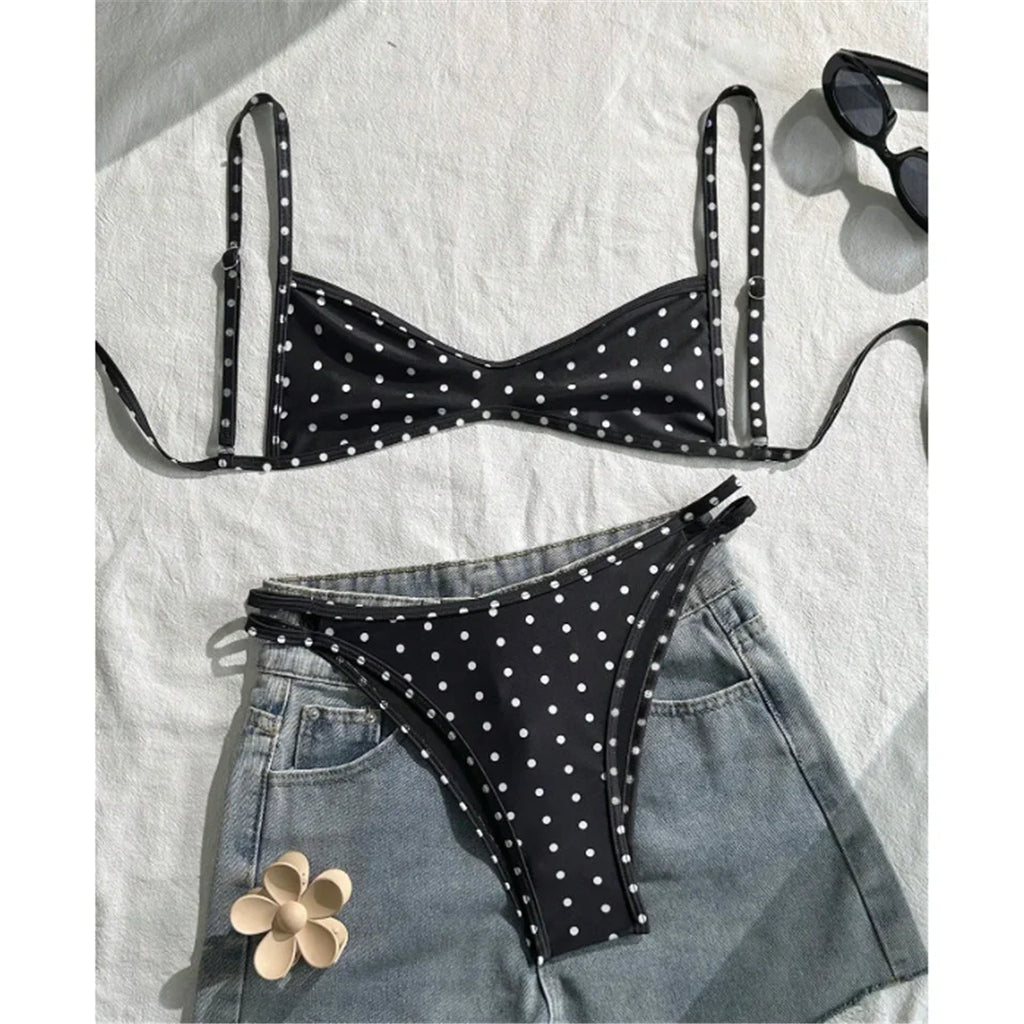 S - XL Polka Dot V Neck Bikini Women Swimwear Female Swimsuit Two-pieces Bikini set High Leg Cut Bather Bathing Suit Swim V8147