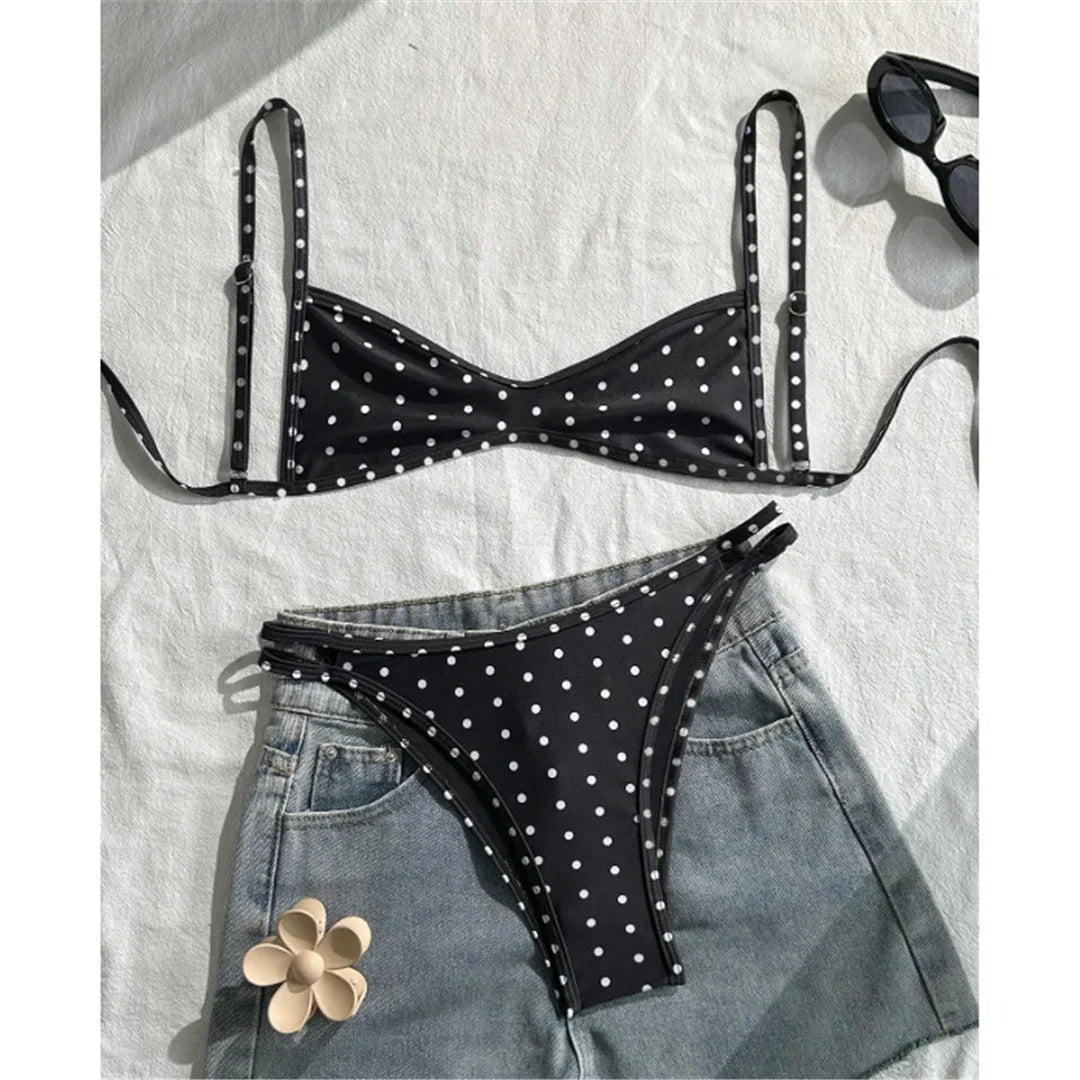 S - XL Polka Dot V Neck Bikini Women Swimwear Female Swimsuit Two-pieces Bikini set High Leg Cut Bather Bathing Suit Swim V8147