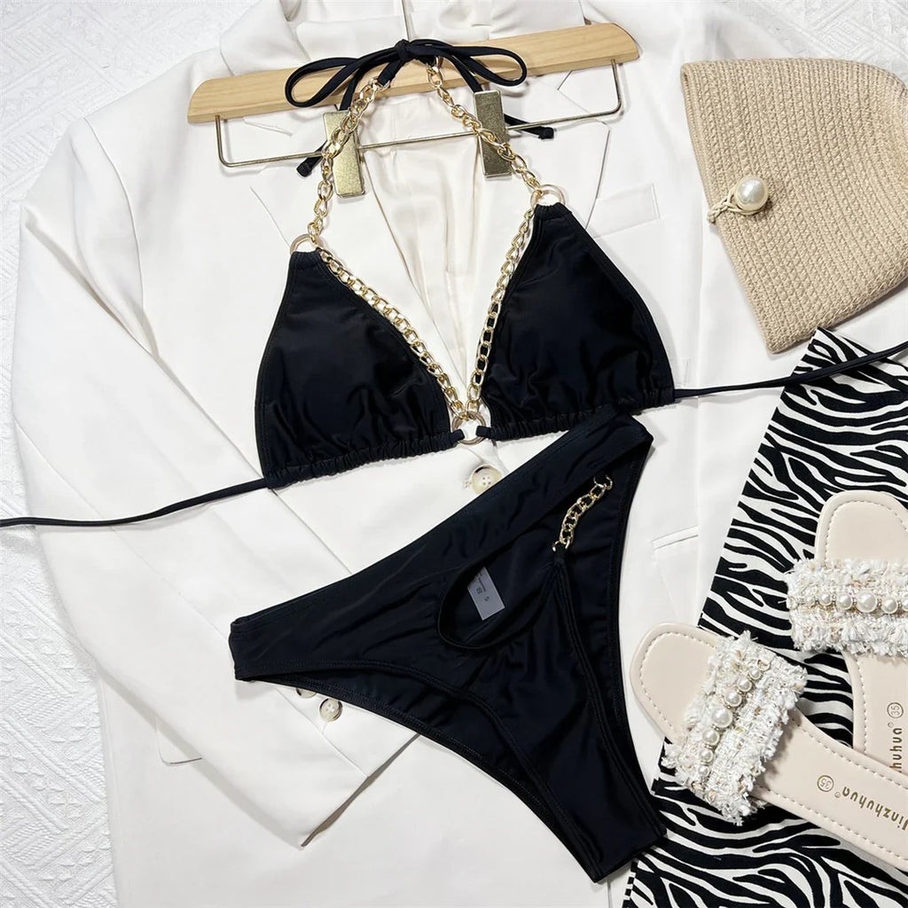 Metal Rings Halter Cut Out Asymmetric Bikini Women Swimwear Female Swimsuit Two-piece Bikini set Bather Bathing Suit Swim V4336