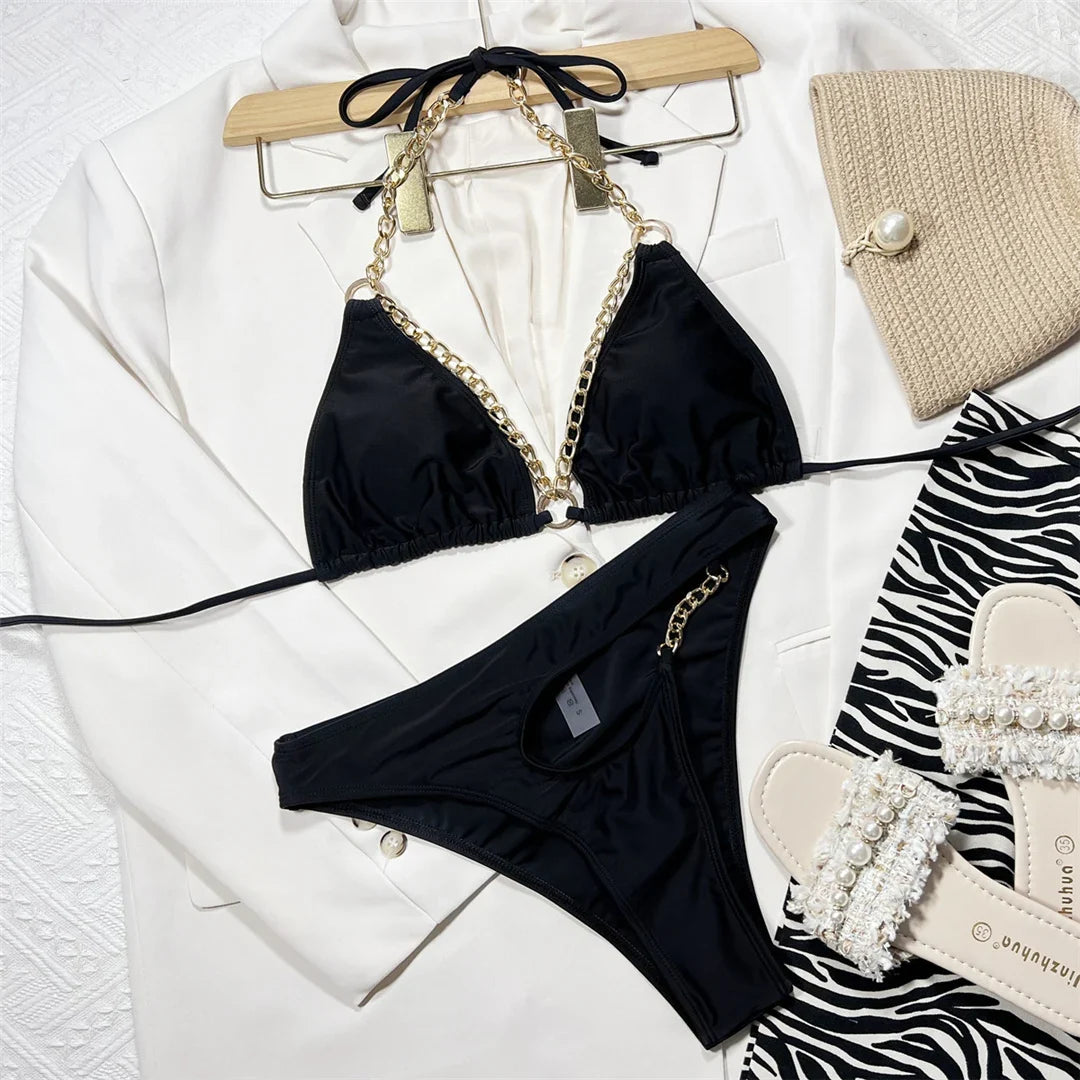 Metal Rings Halter Cut Out Asymmetric Bikini Women Swimwear Female Swimsuit Two-piece Bikini set Bather Bathing Suit Swim V4336