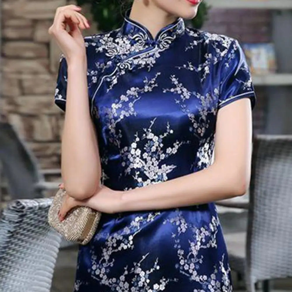 Women Dress Chinese Style Floral Embroidery Stand Collar Short Sleeves High Side Split Chinese Cheongsam Satin Silky