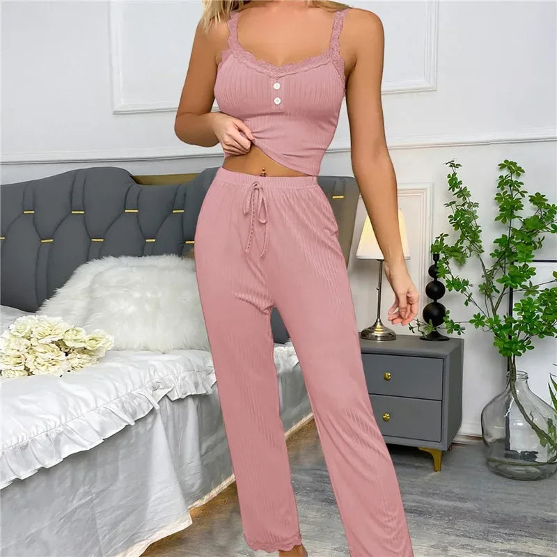 Women Sleepwear Lace Suspenders Tops and Long Trousers Set Two Pieces Pajamas Set Comfortable Loungewear Home Clothes
