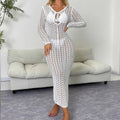 See-through Maxi Dress with V-Neck And Long Sleeves Lace-Up Hollow-out Design for Women Fashionable Beach Holiday Sexy Long Gown
