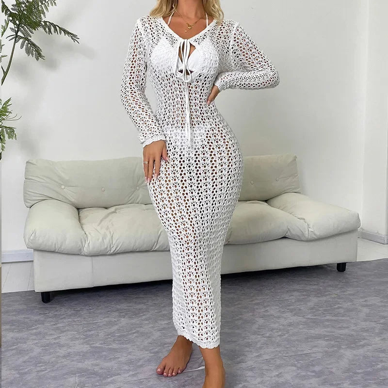 See-through Maxi Dress with V-Neck And Long Sleeves Lace-Up Hollow-out Design for Women Fashionable Beach Holiday Sexy Long Gown
