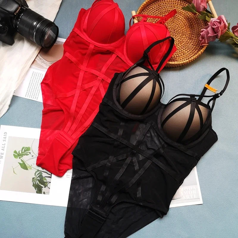 MOYISU Sexy Shapewear Bodysuit Women Transparent Mesh Lingerie Teddy with Push-Up Bra Strap Hot Sale Body Shaper Free Shipping
