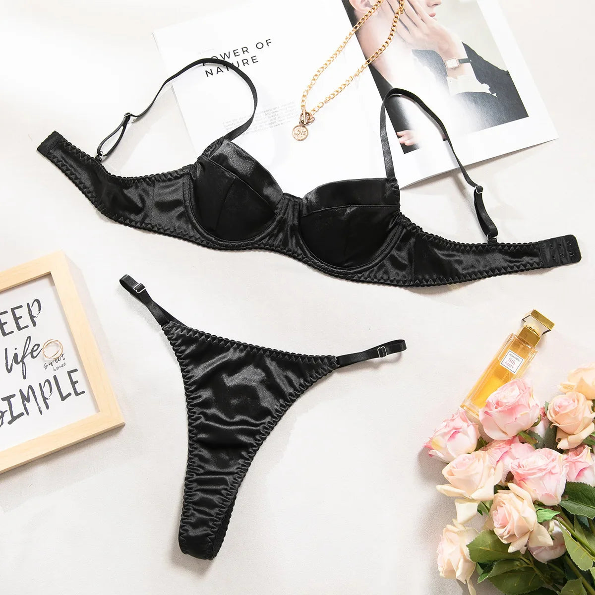 2 Pcs Sexy Bra Set Women Underwear Underwire Push Up Satin Patchwork Bras and Thongs Suits Attractive Bilizna Intimate Set