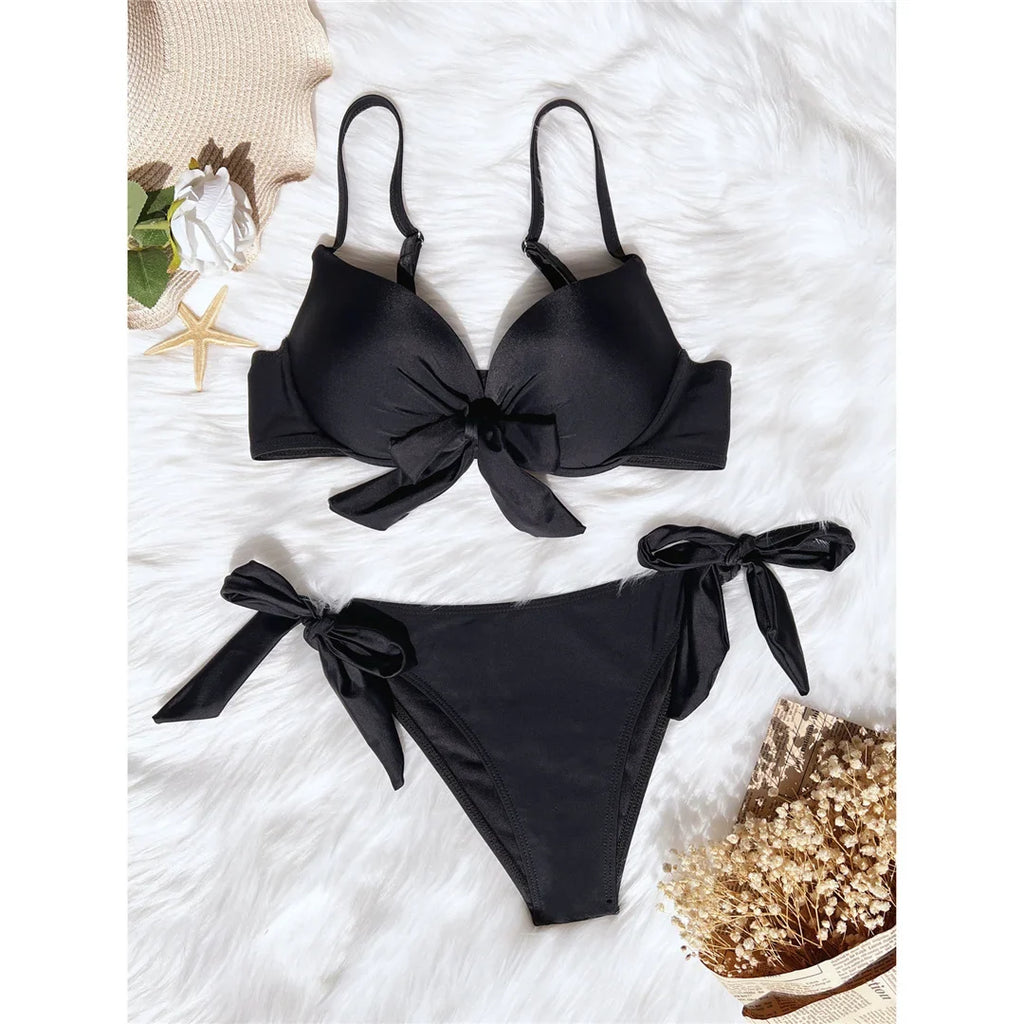 XS - XL Knotted Push Up Bikini Swimsuit Female Swimwear Women Two-pieces Bikini Set With Bra Cup Bather Bathing Suit Swim V3992