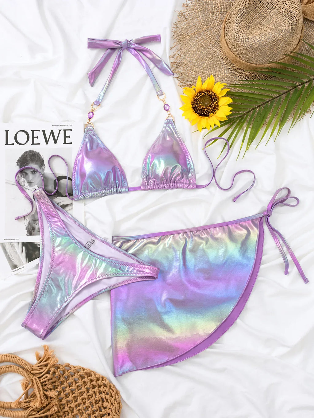 DEKA Brazilian Rainbow Rhinestones Bikini Set Swimsuit Crystal Bikini Set Triangle Swimwear G-string Bathing Suit