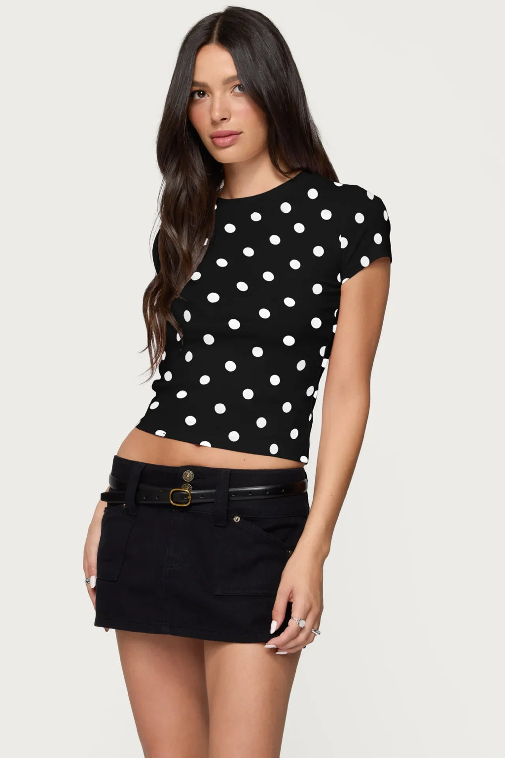 Women's summer fashion retro polka dot short-sleeved printed slim round neck top