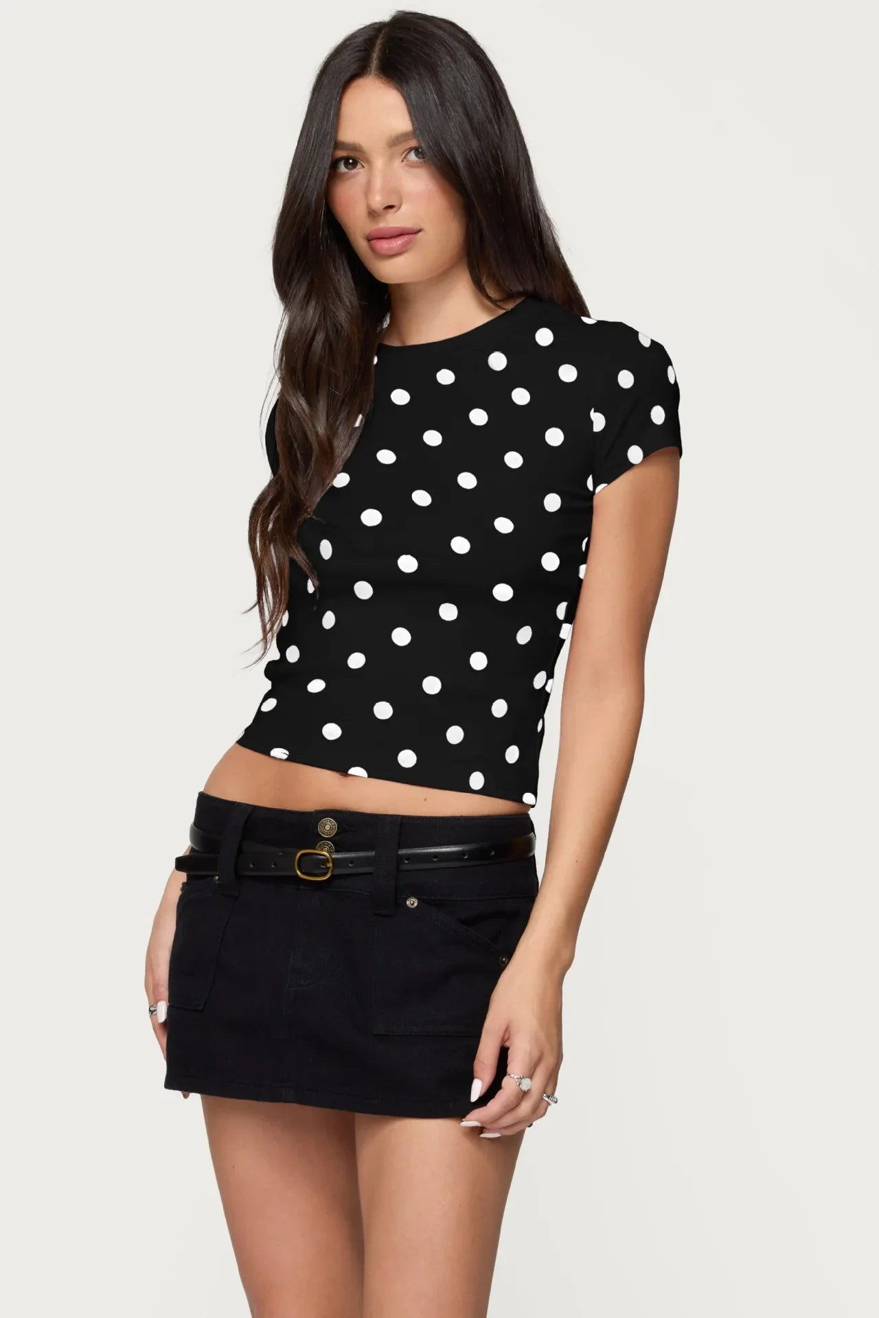 Women's summer fashion retro polka dot short-sleeved printed slim round neck top