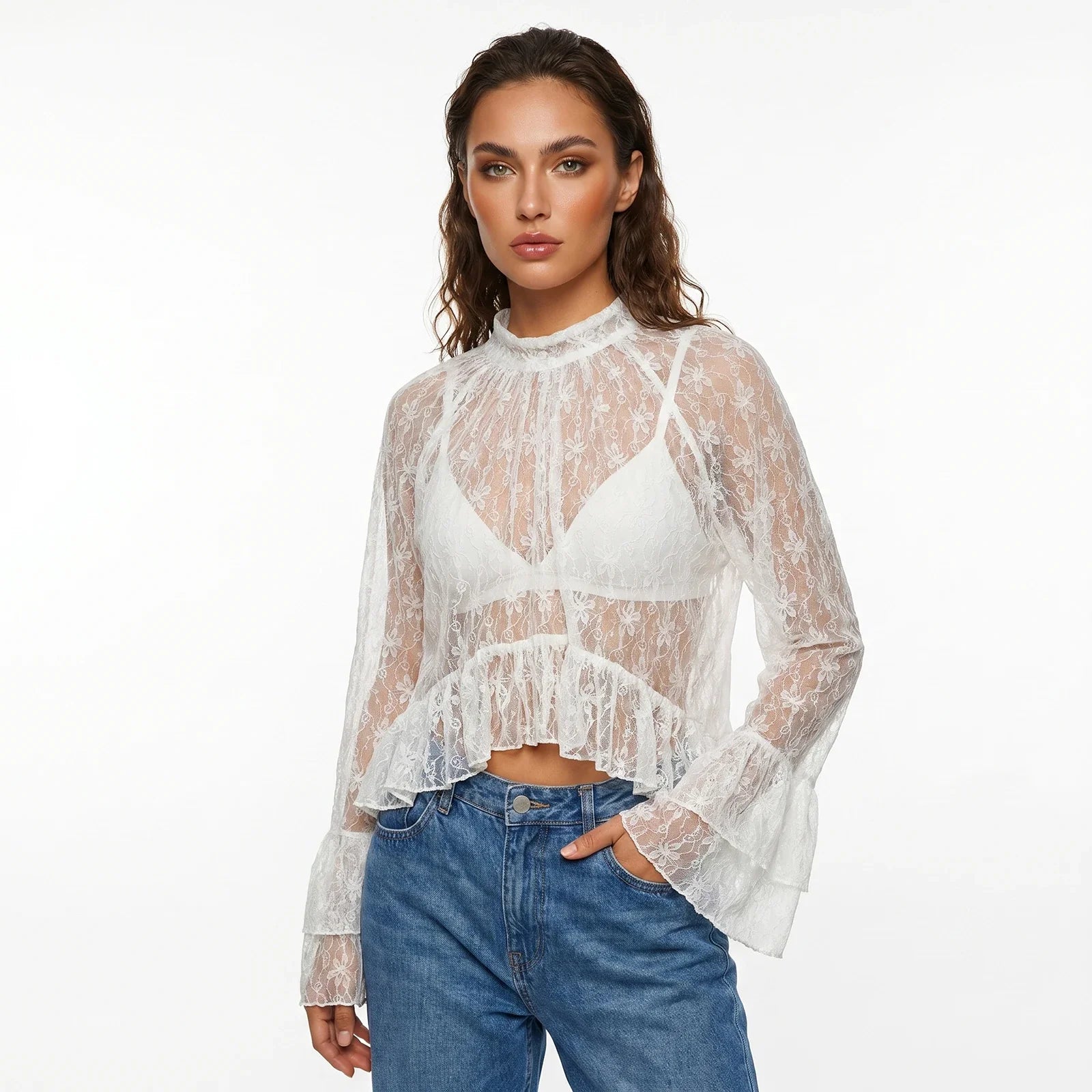 Womens Lace Floral Sheer Blouse Flare Long Sleeve Mock Neck Ruffle Peplum Hem Cropped Shirts Elegant Sexy Cover-ups Tops