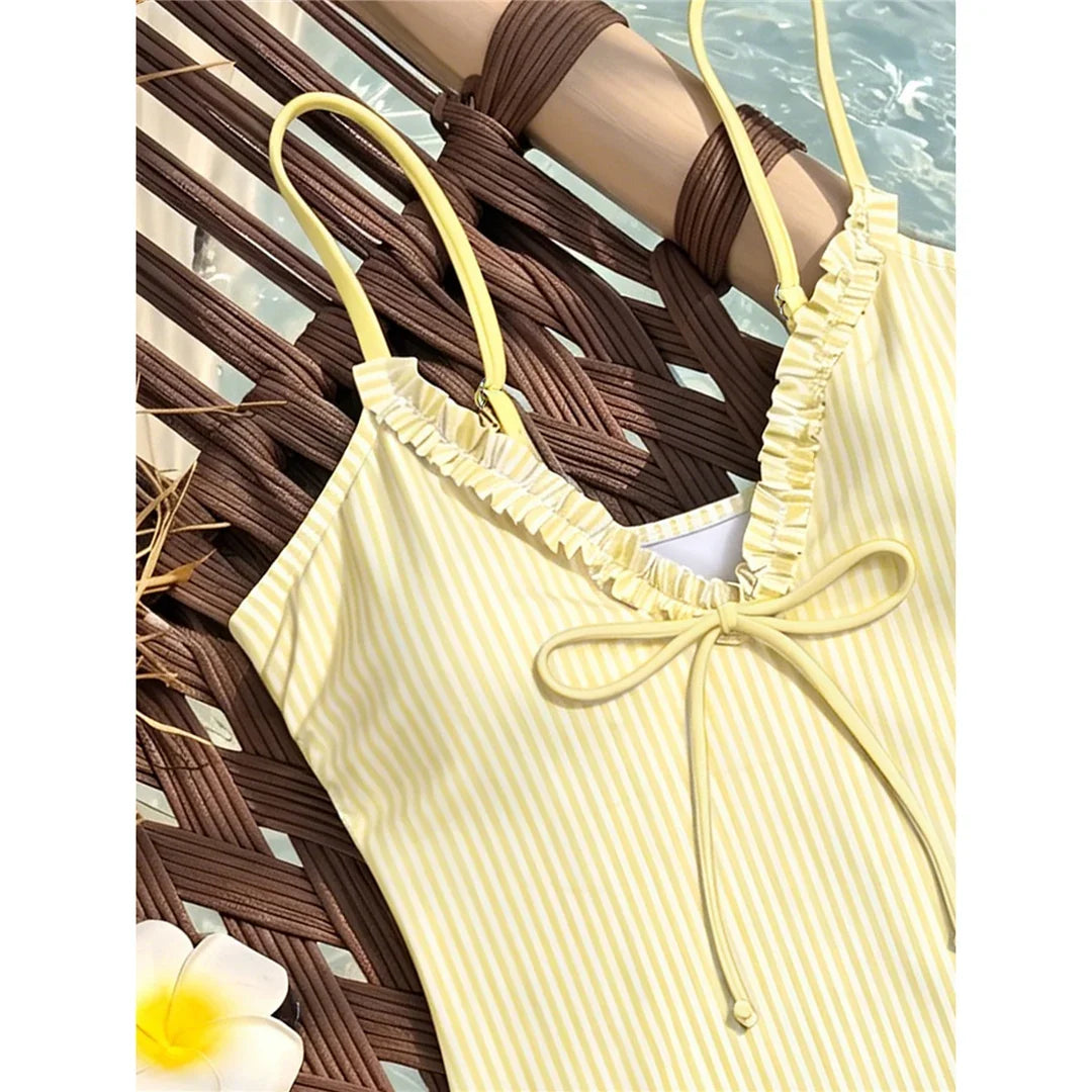 S - XL Striped Plaid V Neck Women Swimwear One Piece Swimsuit Female Frilled High Leg Cut Padded Bather Bathing Suit Swim V8288