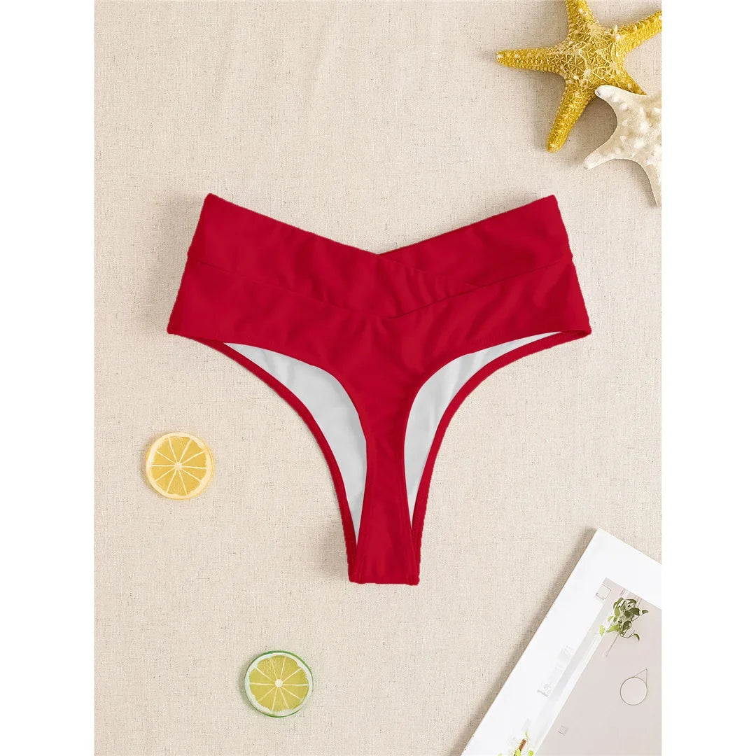 S - XL High Waist High Leg Cut Bikini Bottom Swim Brief Women Swimwear Female Bather Brazilian Tanga Panties Underwear V7095