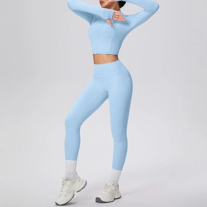 New Women Yoga Set Solid Color Double-Sided Brushed Bare Feel Short Long-Sleeve Jacket Tight Pants Running Fitness 2-Piece Set