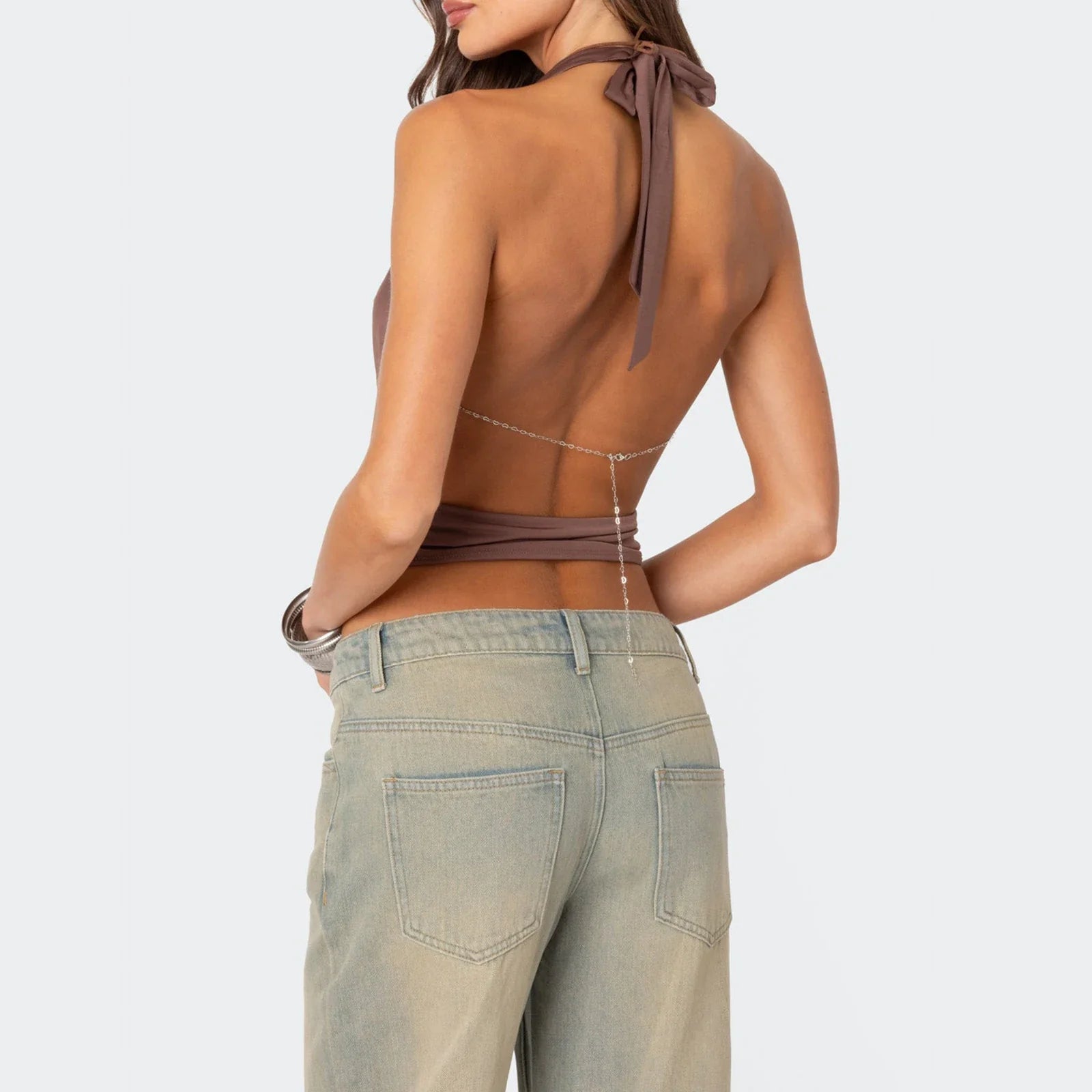 Women's Solid Color Cropped Halter Neck Cami Tops Sleeveless Open Back Deep V Neck Slim Fit Tank Tops
